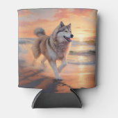Sandy Paws Alaskan Malamute Hond op Strand Zonsond Blikjeskoeler (Voorkant)