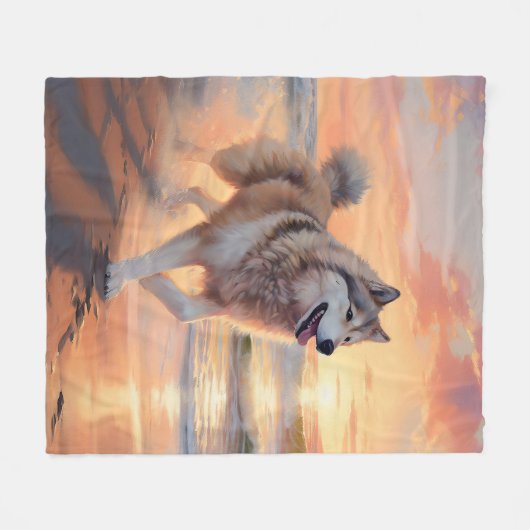 Sandy Paws Alaskan Malamute Hond op Strand Zonsond Fleece Deken (Voorkant (Horizontaal))