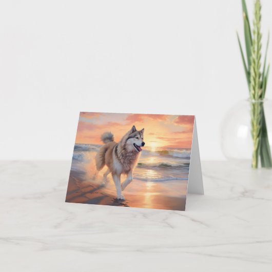 Sandy Paws Alaskan Malamute Hond op Strand Zonsond Kaart (Voorkant)