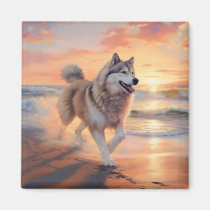 Sandy Paws Alaskan Malamute Hond op Strand Zonsond Magneet