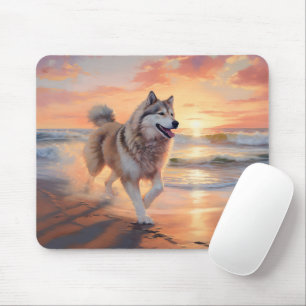 Sandy Paws Alaskan Malamute Hond op Strand Zonsond Muismat
