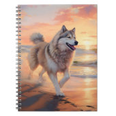 Sandy Paws Alaskan Malamute Hond op Strand Zonsond Notitieboek (Voorkant)