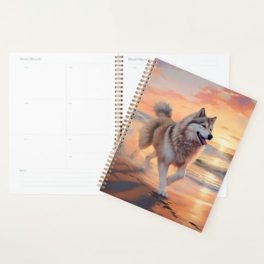Sandy Paws Alaskan Malamute Hond op Strand Zonsond Planner (Display)