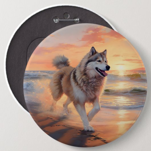Sandy Paws Alaskan Malamute Hond op Strand Zonsond Ronde Button 6,0 Cm (Voorkant /achterkant)