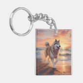 Sandy Paws Alaskan Malamute Hond op Strand Zonsond Sleutelhanger (Voorkant Links)