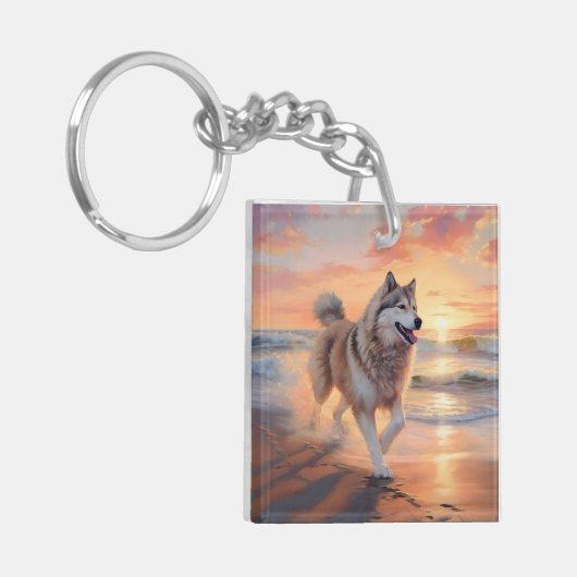 Sandy Paws Alaskan Malamute Hond op Strand Zonsond Sleutelhanger (Voorkant Links)