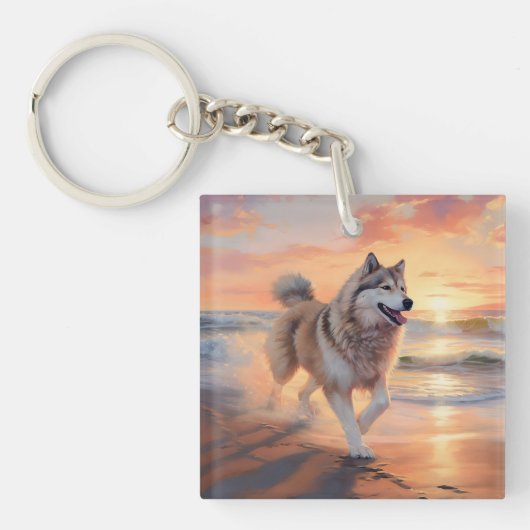 Sandy Paws Alaskan Malamute Hond op Strand Zonsond Sleutelhanger (Voorkant)