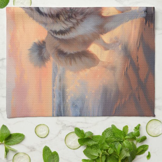 Sandy Paws Alaskan Malamute Hond op Strand Zonsond Theedoek (Gevouwen)