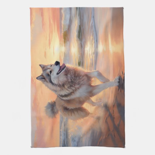 Sandy Paws Alaskan Malamute Hond op Strand Zonsond Theedoek (Verticaal)