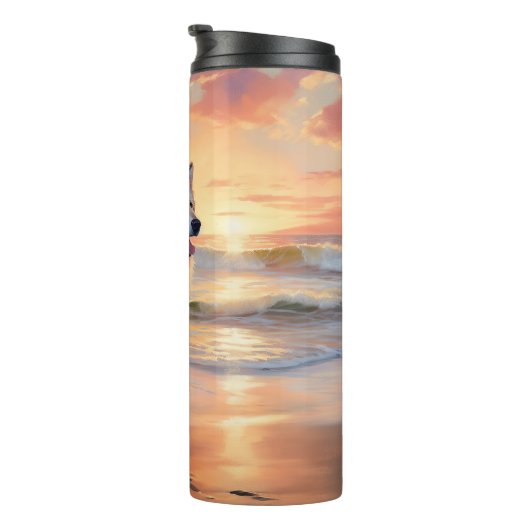 Sandy Paws Alaskan Malamute Hond op Strand Zonsond Thermosbeker (Geroteerd rechts)