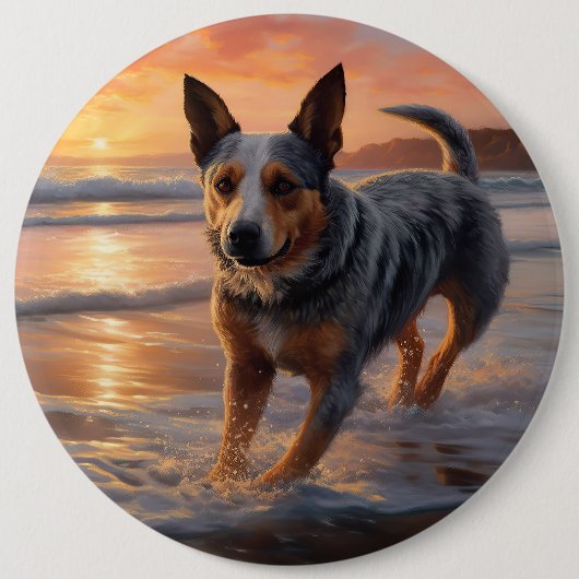 Sandy Paws Australian Cattle Dog op het strand zon Ronde Button 6,0 Cm (Voorkant)