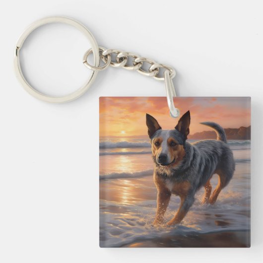 Sandy Paws Australian Cattle Dog op het strand zon Sleutelhanger (Voorkant)