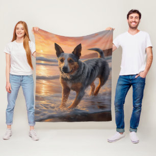 Sandy Paws Australische vee hond op strand zonsond Fleece Deken