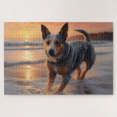 Sandy Paws Australische vee hond op strand zonsond Legpuzzel (Horizontaal)