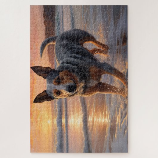 Sandy Paws Australische vee hond op strand zonsond Legpuzzel (Verticaal)