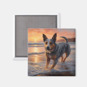 Sandy Paws Australische vee hond op strand zonsond Magneet (Voorkant / Achterkant)