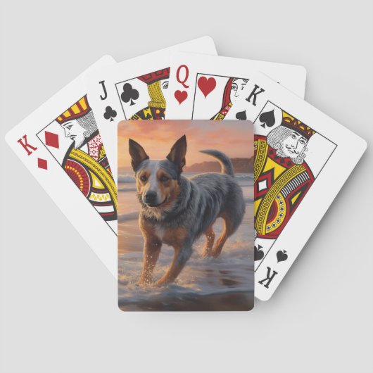 Sandy Paws Australische vee hond op strand zonsond Pokerkaarten (Achterkant)