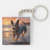 Sandy Paws Australische vee hond op strand zonsond Sleutelhanger (Achterkant)
