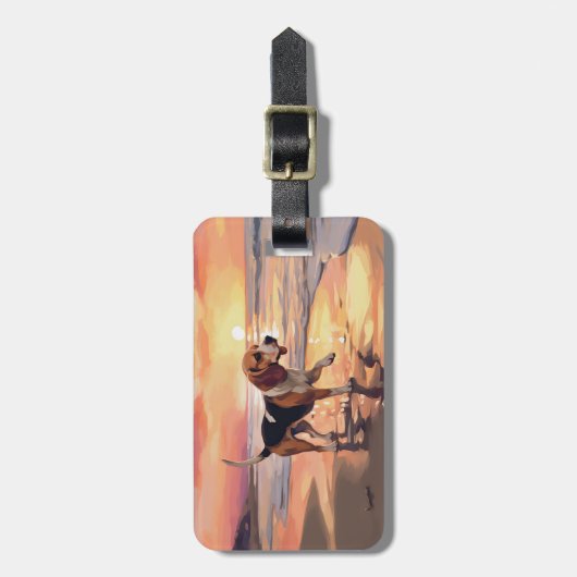 Sandy Paws Beagle Hond op Strand Zonsondergang Bagagelabel (Voorkant verticaal)