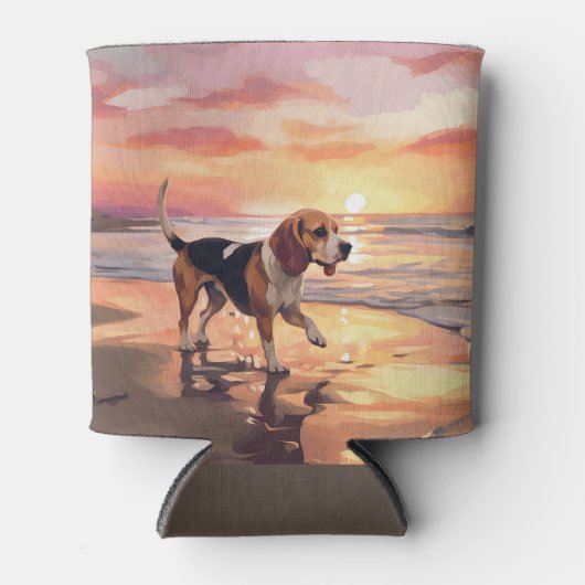 Sandy Paws Beagle Hond op Strand Zonsondergang Blikjeskoeler (Voorkant)