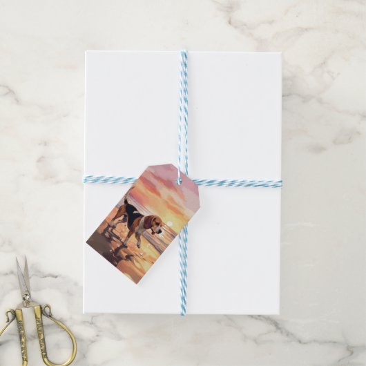 Sandy Paws Beagle Hond op Strand Zonsondergang Cadeaulabel (Met Touw)