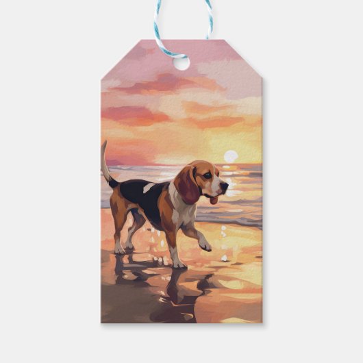 Sandy Paws Beagle Hond op Strand Zonsondergang Cadeaulabel (Voorkant)