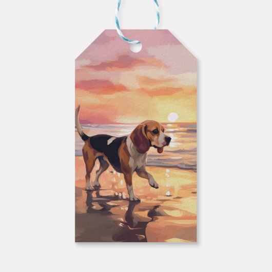 Sandy Paws Beagle Hond op Strand Zonsondergang Cadeaulabel (Achterkant)