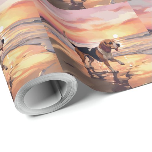 Sandy Paws Beagle Hond op Strand Zonsondergang Cadeaupapier (Rol Hoek)