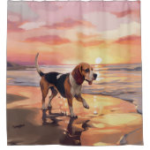Sandy Paws Beagle Hond op Strand Zonsondergang Douchegordijn (Voorkant)