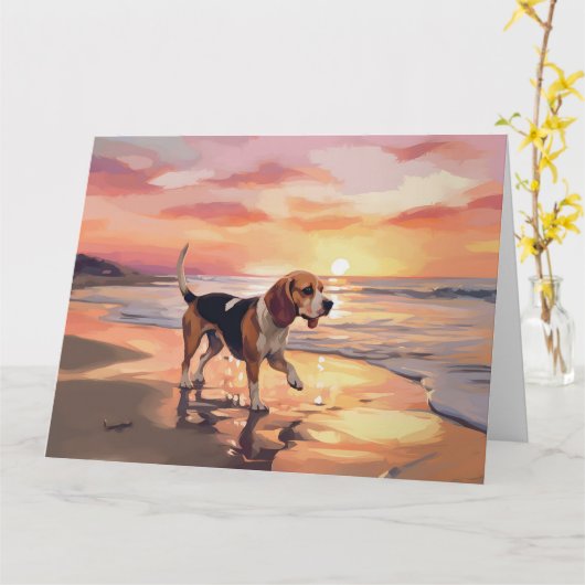 Sandy Paws Beagle Hond op Strand Zonsondergang Kaart (Gele Bloem)