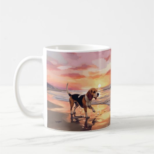 Sandy Paws Beagle Hond op Strand Zonsondergang Koffiemok (Links)