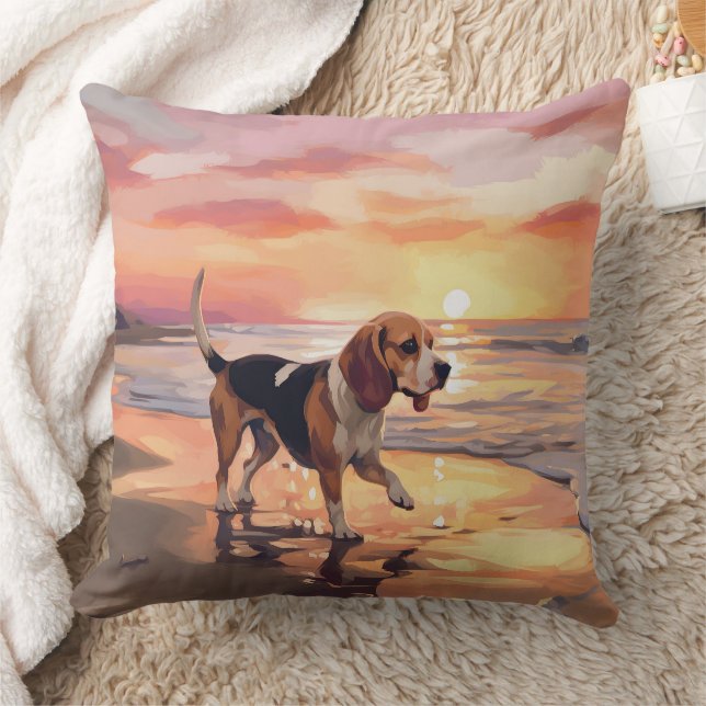 Sandy Paws Beagle Hond op Strand Zonsondergang Kussen (Deken)
