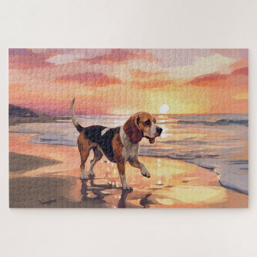 Sandy Paws Beagle Hond op Strand Zonsondergang Legpuzzel (Horizontaal)