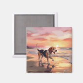 Sandy Paws Beagle Hond op Strand Zonsondergang Magneet (Voorkant / Achterkant)