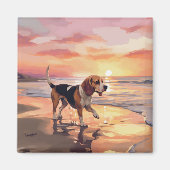 Sandy Paws Beagle Hond op Strand Zonsondergang Magneet (Voorkant)