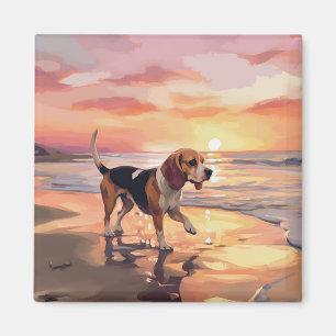 Sandy Paws Beagle Hond op Strand Zonsondergang Magneet