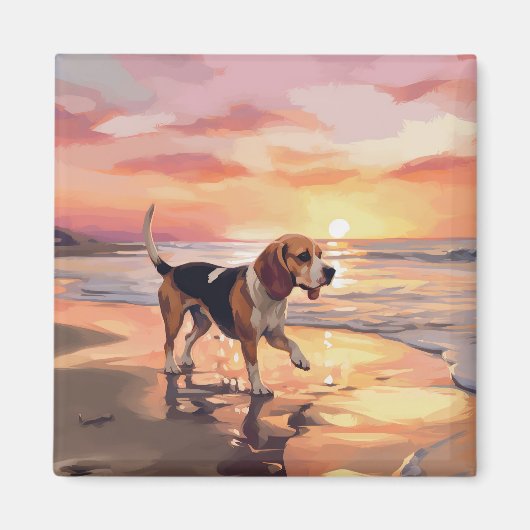 Sandy Paws Beagle Hond op Strand Zonsondergang Magneet (Voorkant)