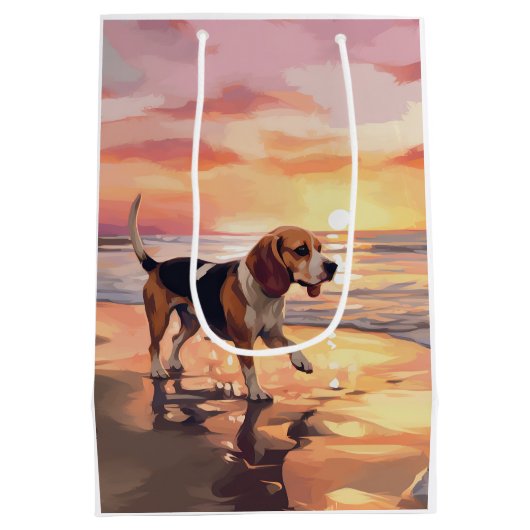 Sandy Paws Beagle Hond op Strand Zonsondergang Medium Cadeauzakje (Achterkant)