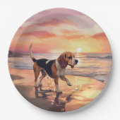Sandy Paws Beagle Hond op Strand Zonsondergang Papieren Bordje (Voorkant)