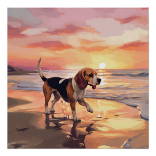 Sandy Paws Beagle Hond op Strand Zonsondergang Perfect Poster