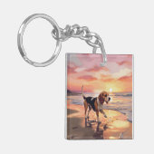 Sandy Paws Beagle Hond op Strand Zonsondergang Sleutelhanger (Voorkant Links)