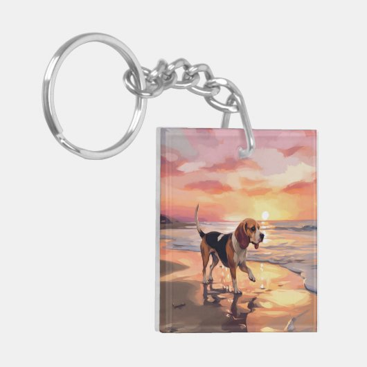 Sandy Paws Beagle Hond op Strand Zonsondergang Sleutelhanger (Voorkant Links)