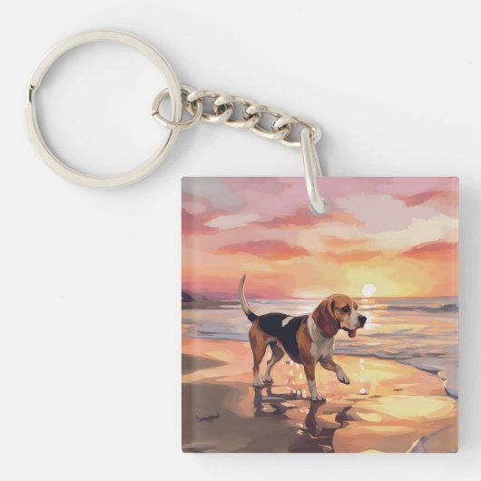 Sandy Paws Beagle Hond op Strand Zonsondergang Sleutelhanger (Voorkant)