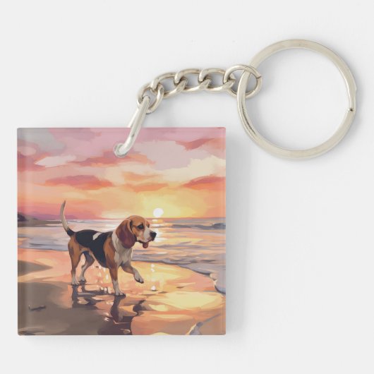 Sandy Paws Beagle Hond op Strand Zonsondergang Sleutelhanger (Achterkant)