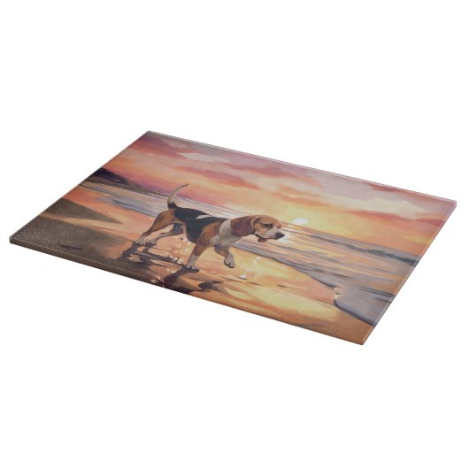 Sandy Paws Beagle Hond op Strand Zonsondergang Snijplank (Hoek)