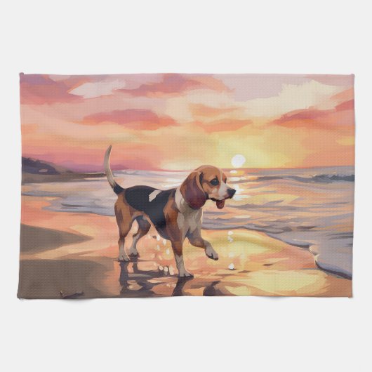 Sandy Paws Beagle Hond op Strand Zonsondergang Theedoek (Horizontaal)