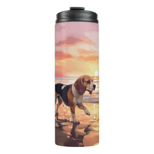Sandy Paws Beagle Hond op Strand Zonsondergang Thermosbeker