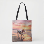 Sandy Paws Beagle Hond op Strand Zonsondergang Tote Bag (Voorkant)