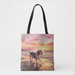 Sandy Paws Beagle Hond op Strand Zonsondergang Tote Bag