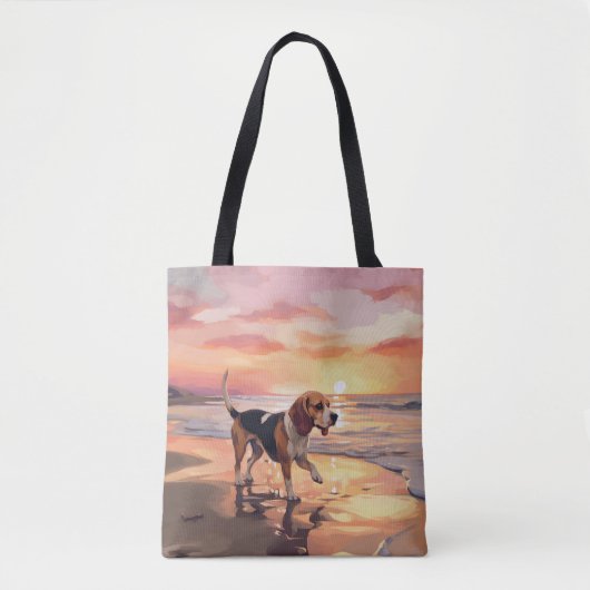 Sandy Paws Beagle Hond op Strand Zonsondergang Tote Bag (Voorkant)
